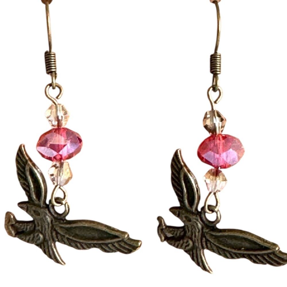 Bronze Eagle Red Crystal Earrings Brass Hooks #382